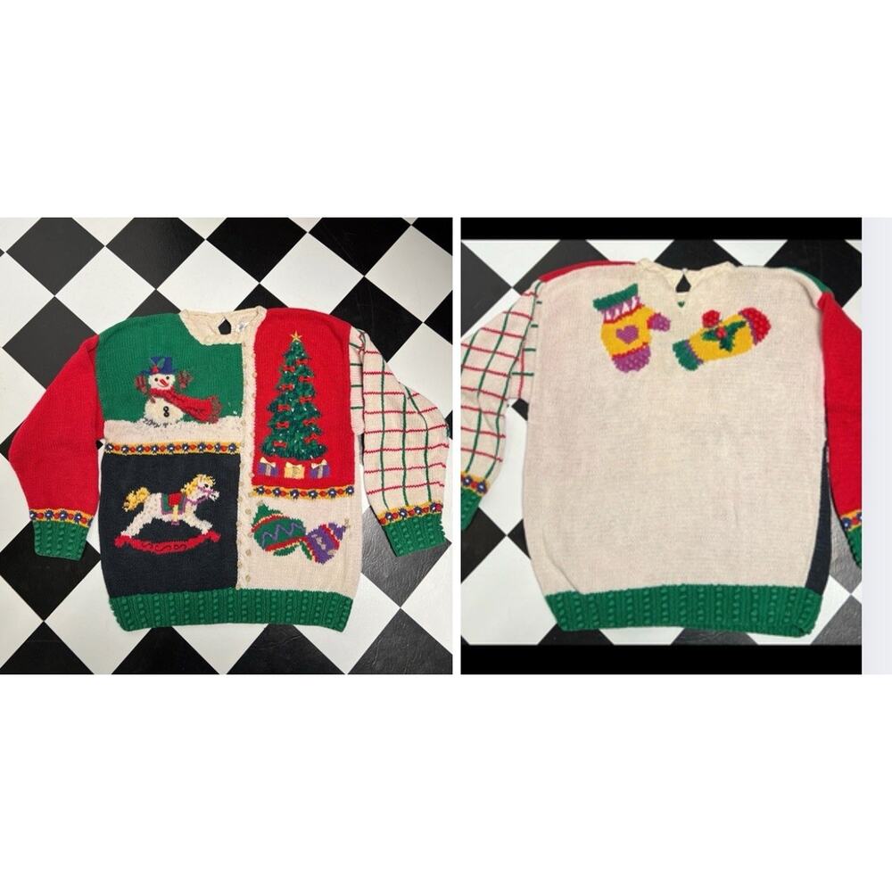 Vintage Talbots Hand Knit Ugly Christmas Sweater Large 3D 2 Sided Rocking Horse